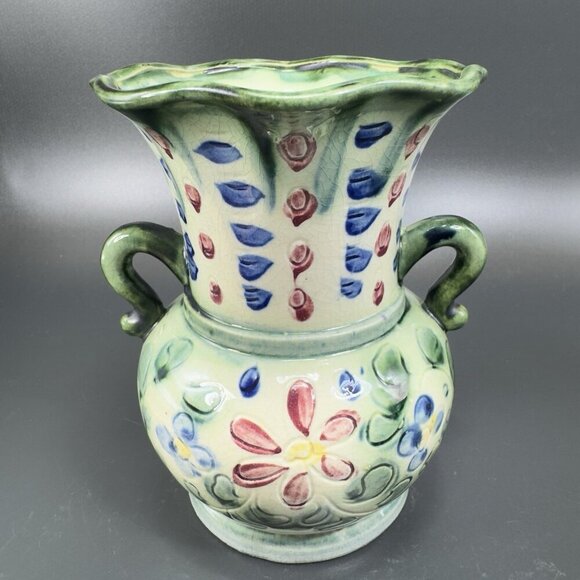 Vintage Japanese Ceramic Vase With Handles Vessel With Majolica Floral Pattern - Picture 13 of 16